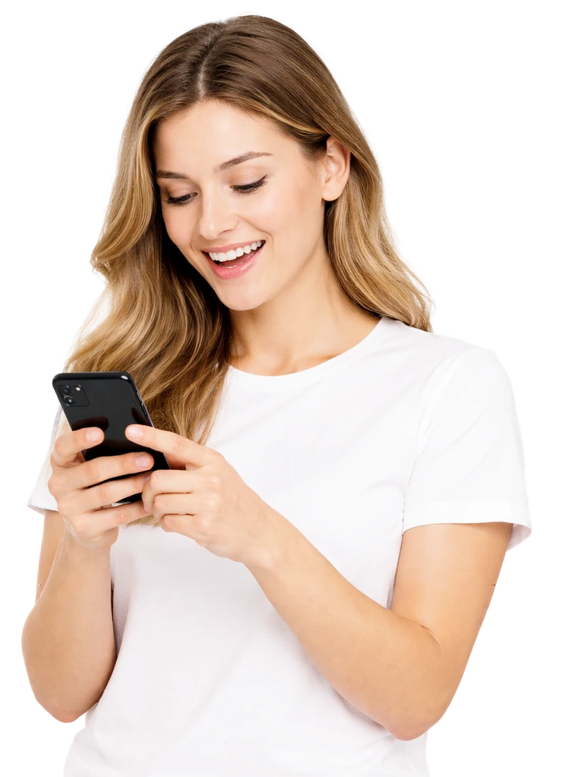 Smiling woman in a white shirt using her phone