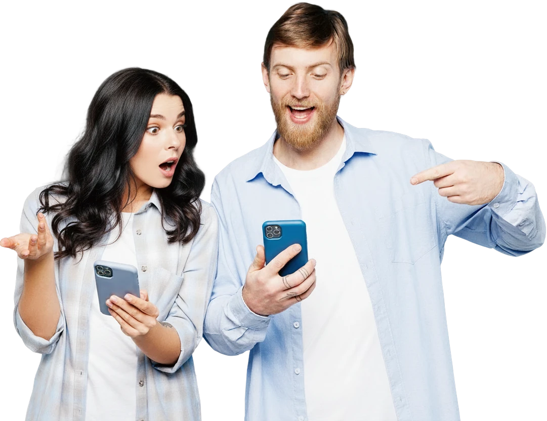 Surprised young woman and man pointing at a phone