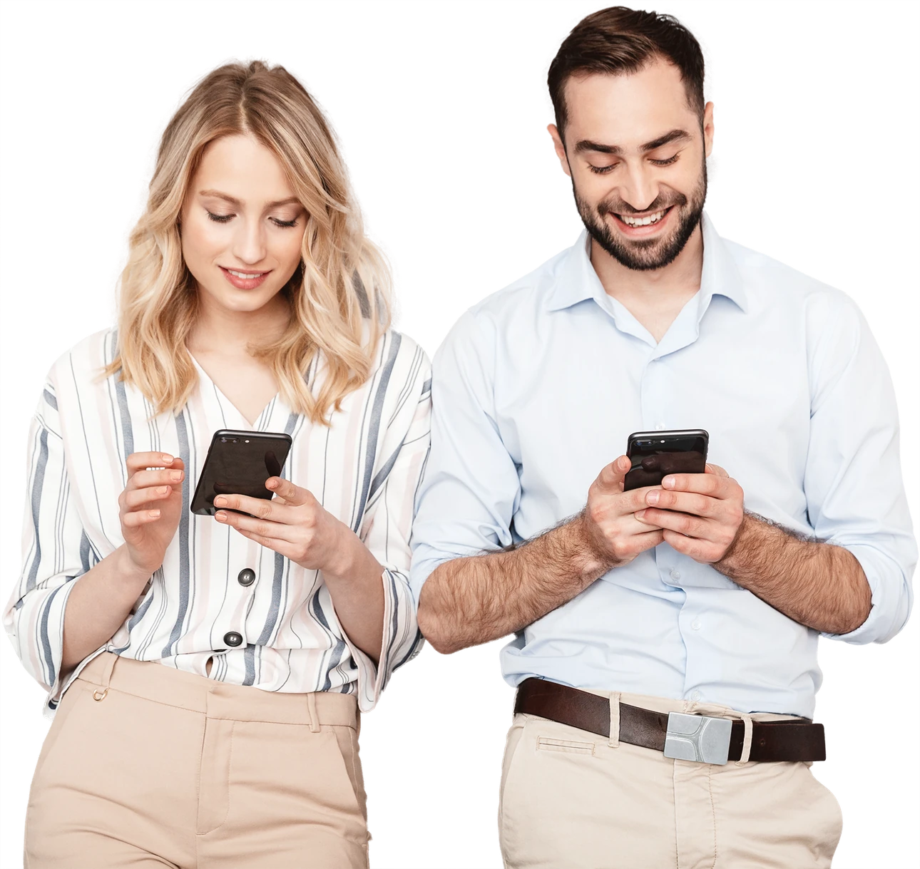 Smiling young woman and man looking at their phones